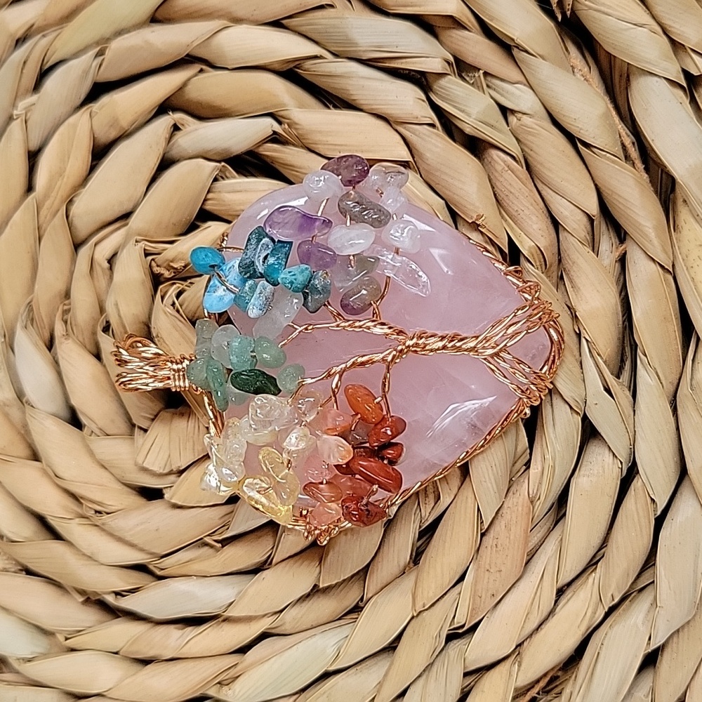 Chakra Crystal Tree Of Life Rose Quartz Heart Wire Wrapped Pendant